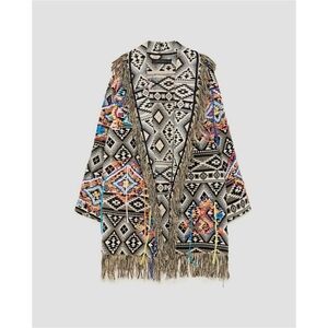 Zara Oversized Jacquard Aztec Tribal Fringe Knit Kimono Jacket Nwot